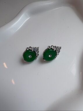 Green Disc Stud Earrings with Silver Accents
